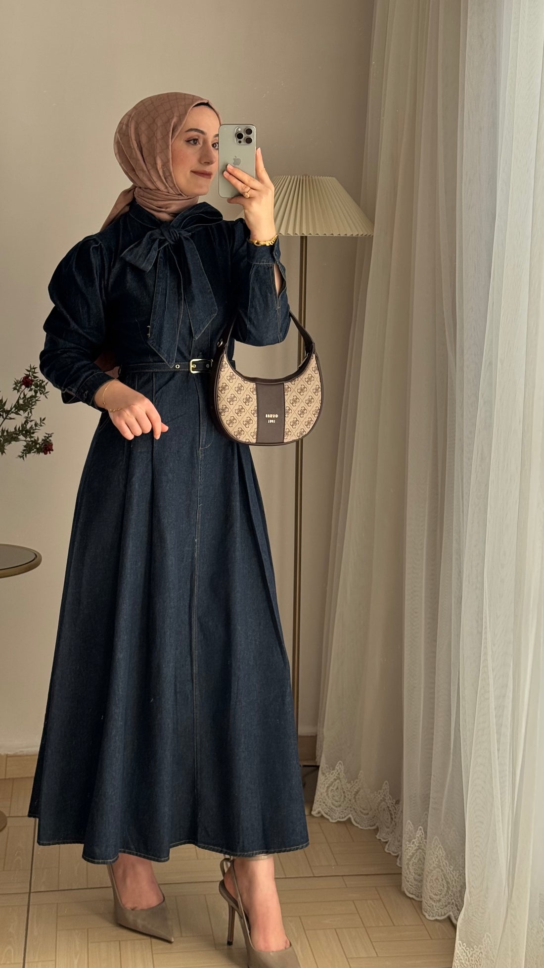 Mery denim kemer detay elbise KOYU MAVİ