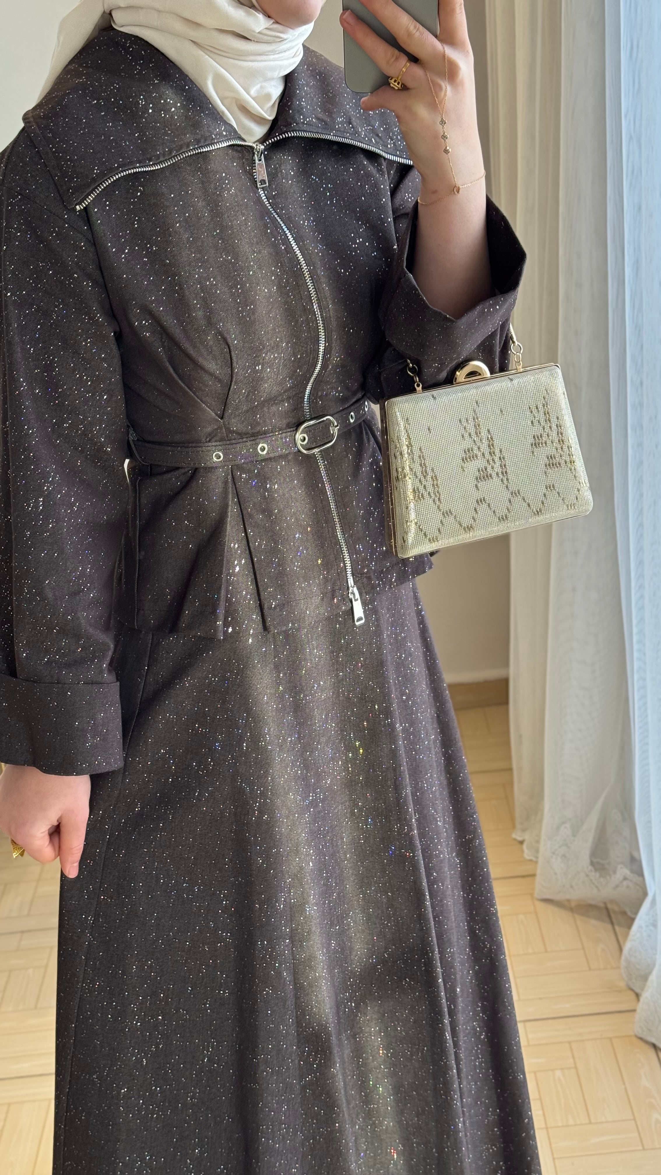 Simli etekli takım kahverengi