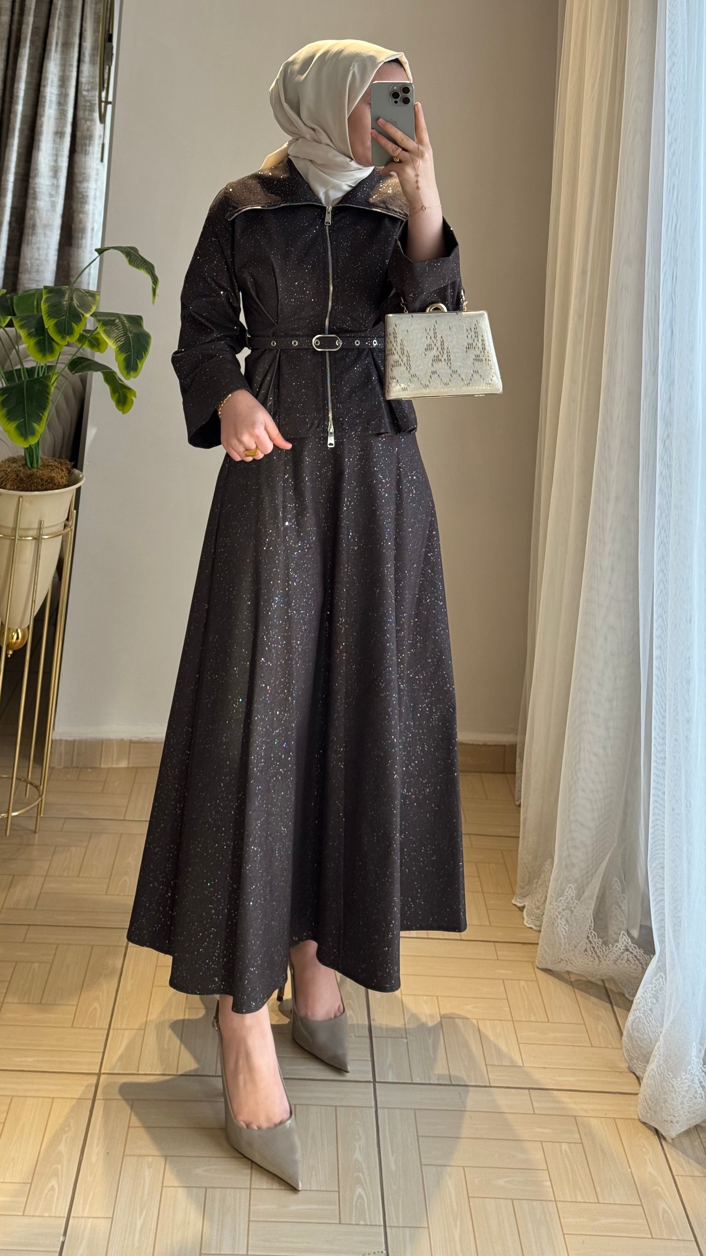 Simli etekli takım kahverengi