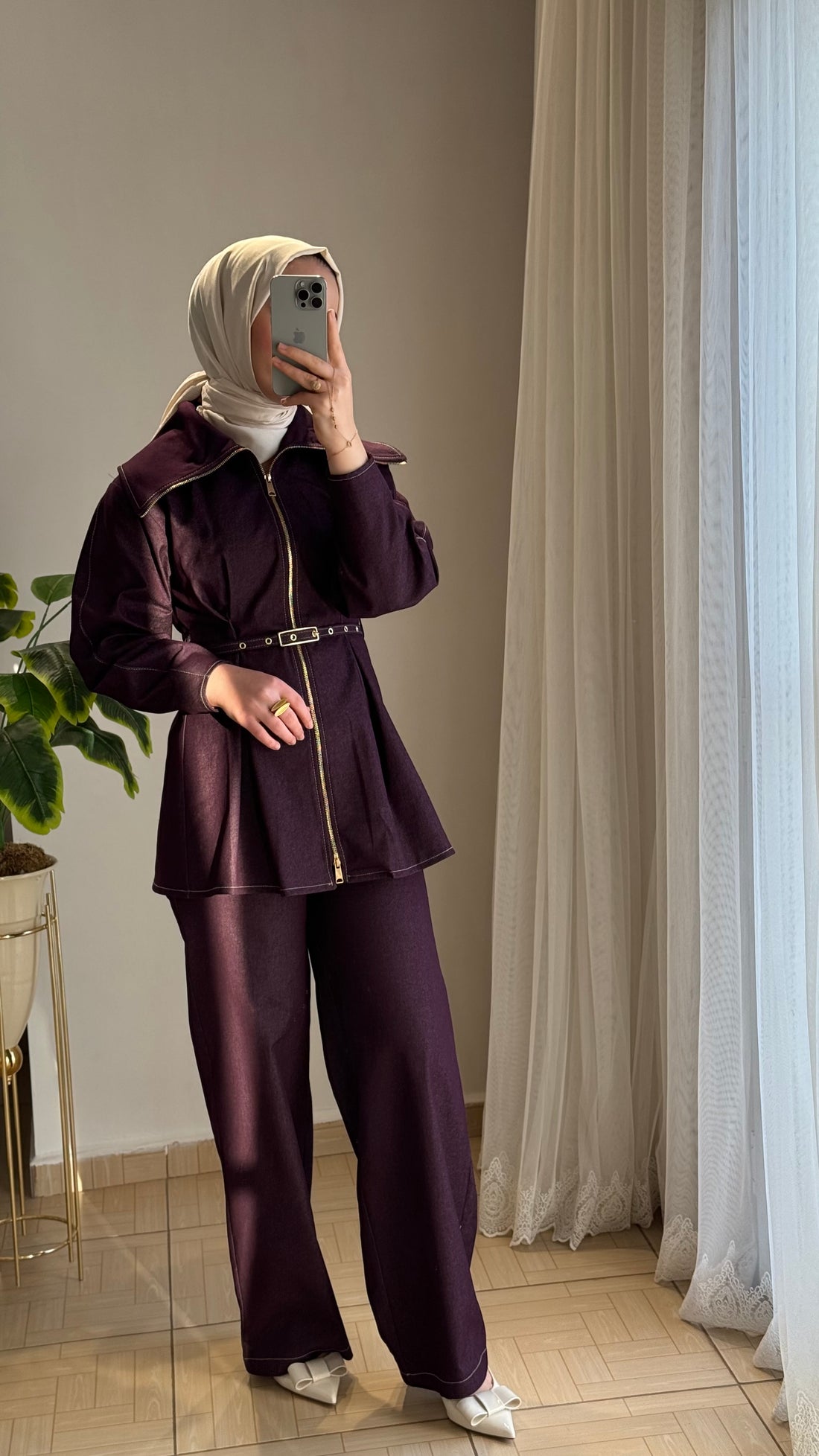 Denim ikili takım mürdüm