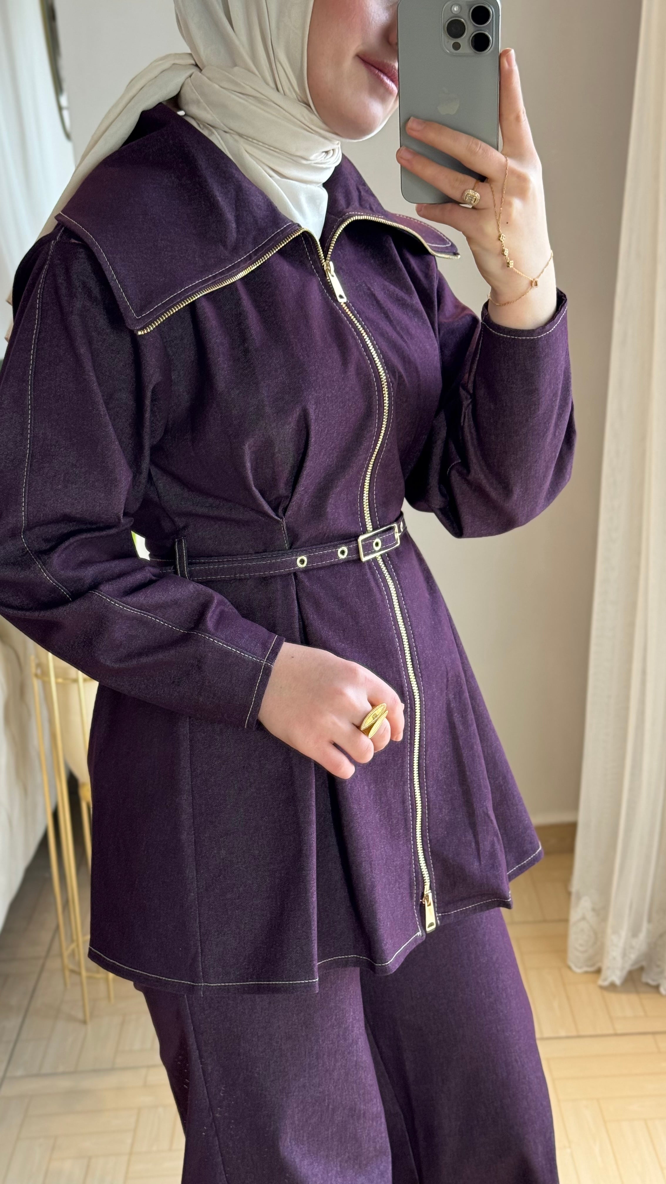 Denim ikili takım mürdüm