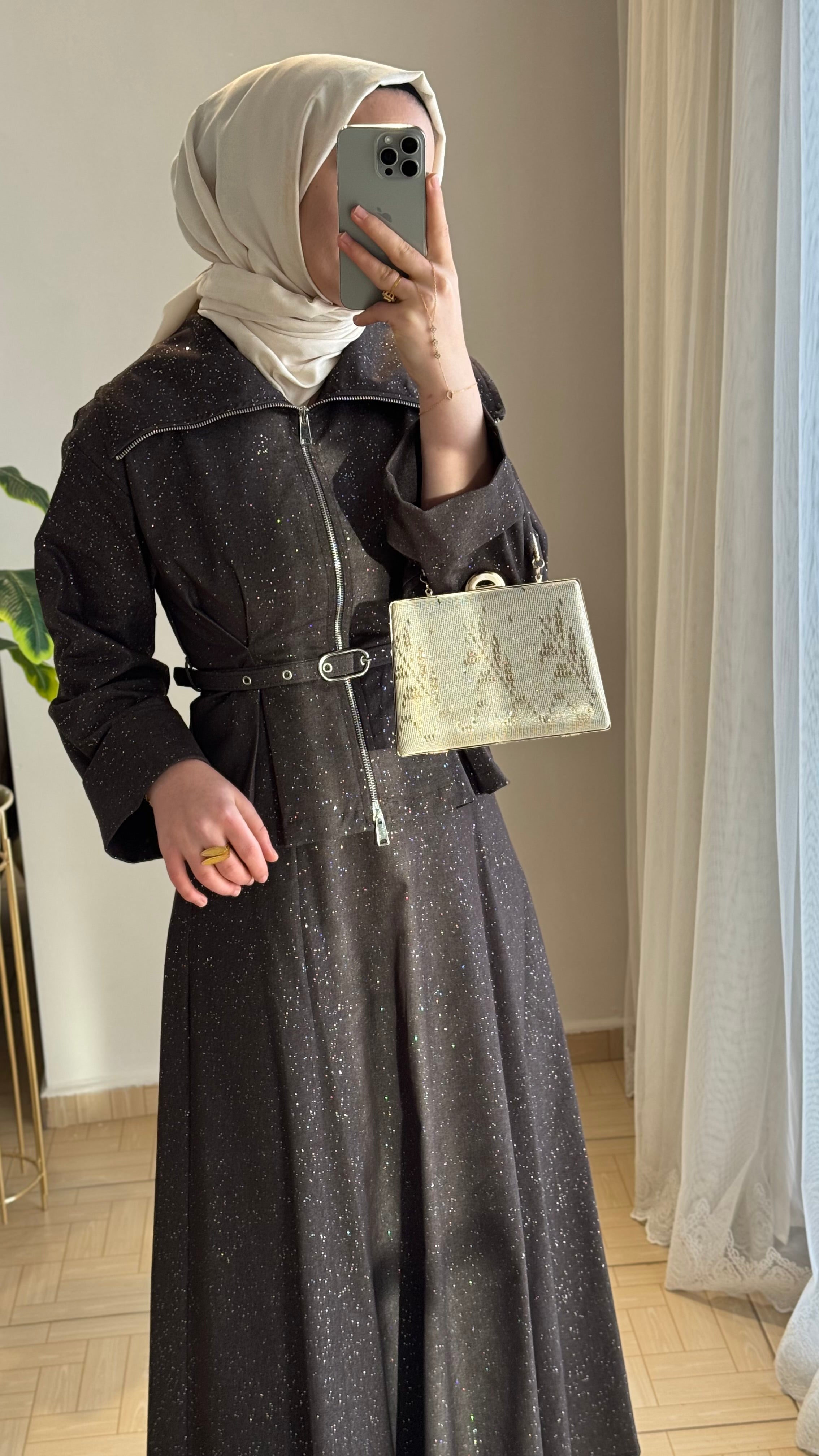 Simli etekli takım kahverengi