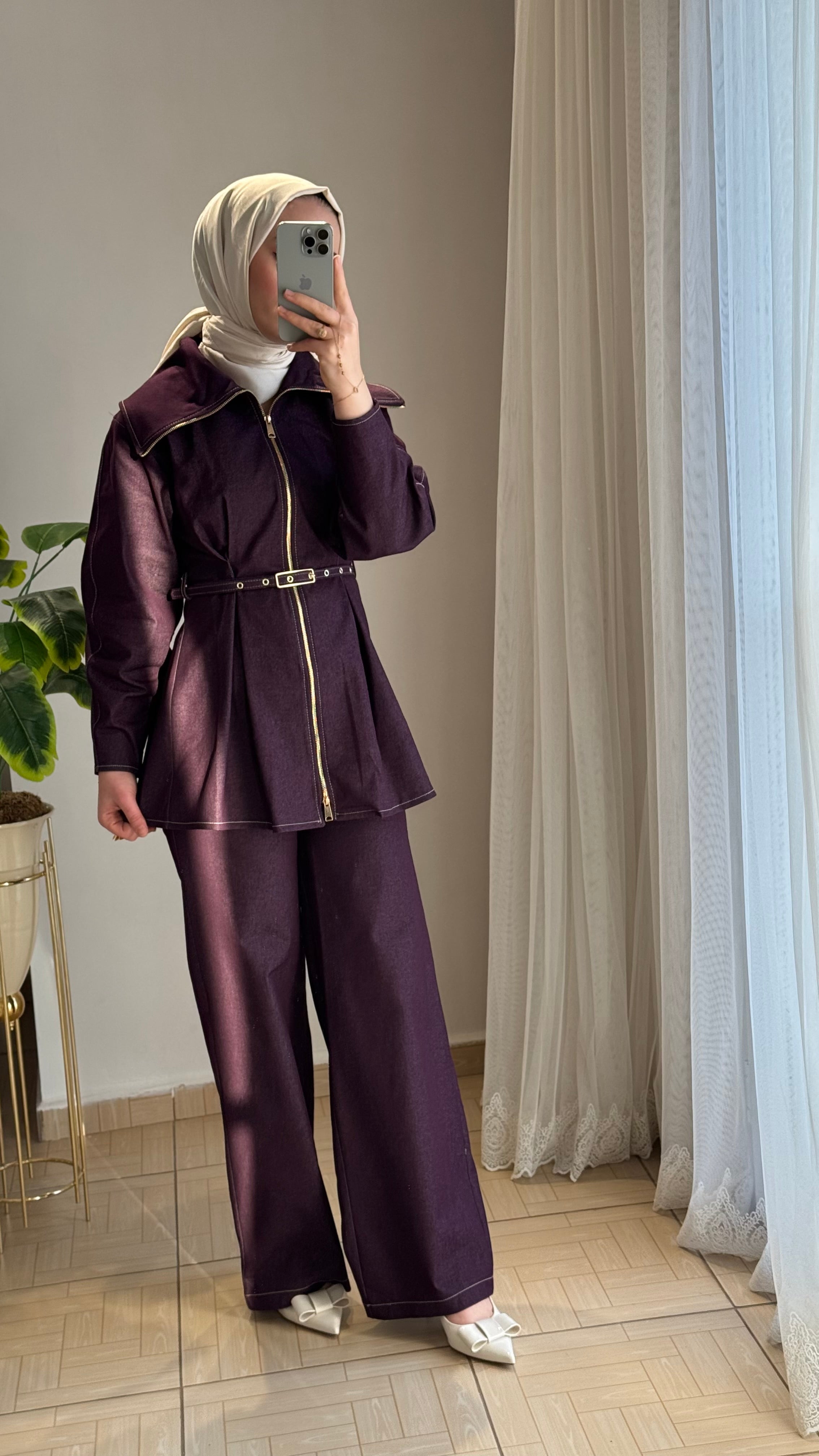 Denim ikili takım mürdüm