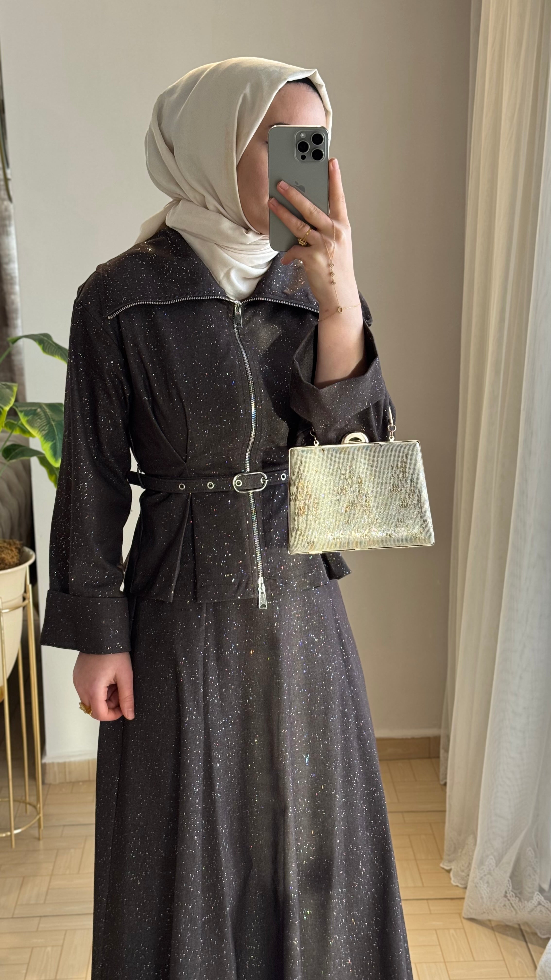 Simli etekli takım kahverengi