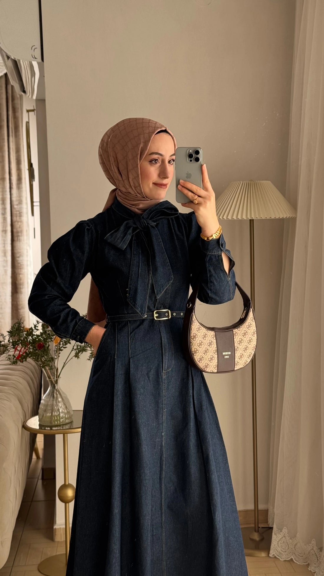 Mery denim kemer detay elbise KOYU MAVİ